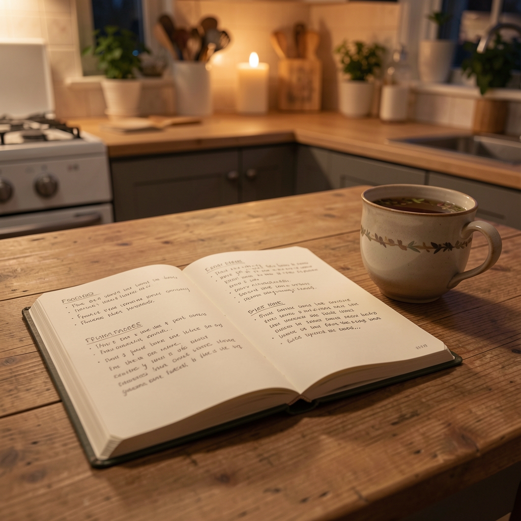Open food journal on a kitchen table at evening with handwritten notes and a cup of herbal tea beside it, warm ambient lighting
